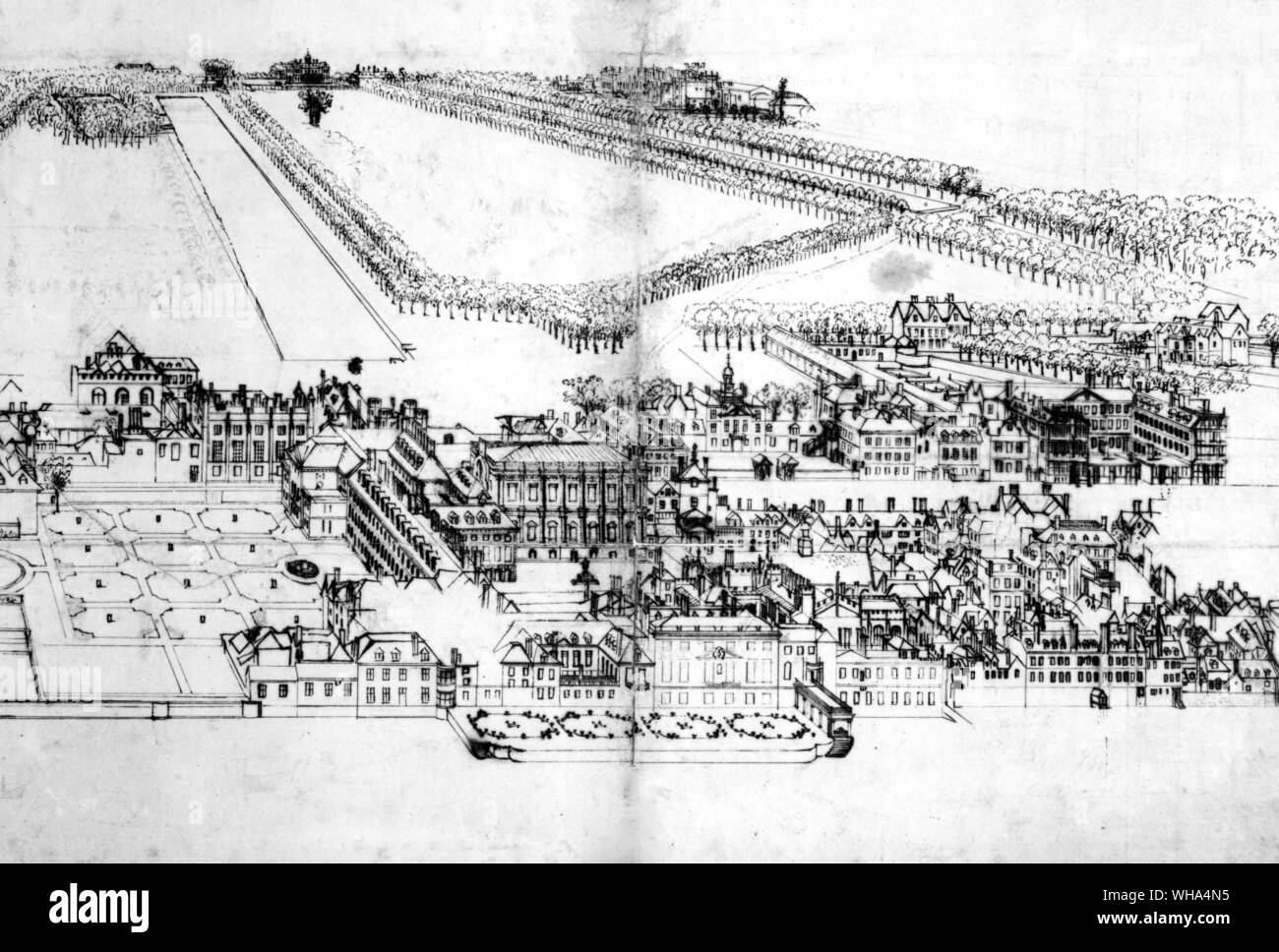 Palace of Whitehall, c.1694. The Banqueting House is in the centre with the Horse Guiards to its right and the Privy Garden on the left. The buildings were used both as official lodgings and as government offices. Across St James's Park, and close by the recently constructed ornamental water, les Arlington House (occupying roughly the site of the modern Buckingham palace), and (to the right), St James's Palace. Taken from Pepys, Samuel English diarist and naval administrator; kept diary 1660-1669 (published 1893-1899); president of Royal Society 1684-1686  1633-1703 Stock Photo
