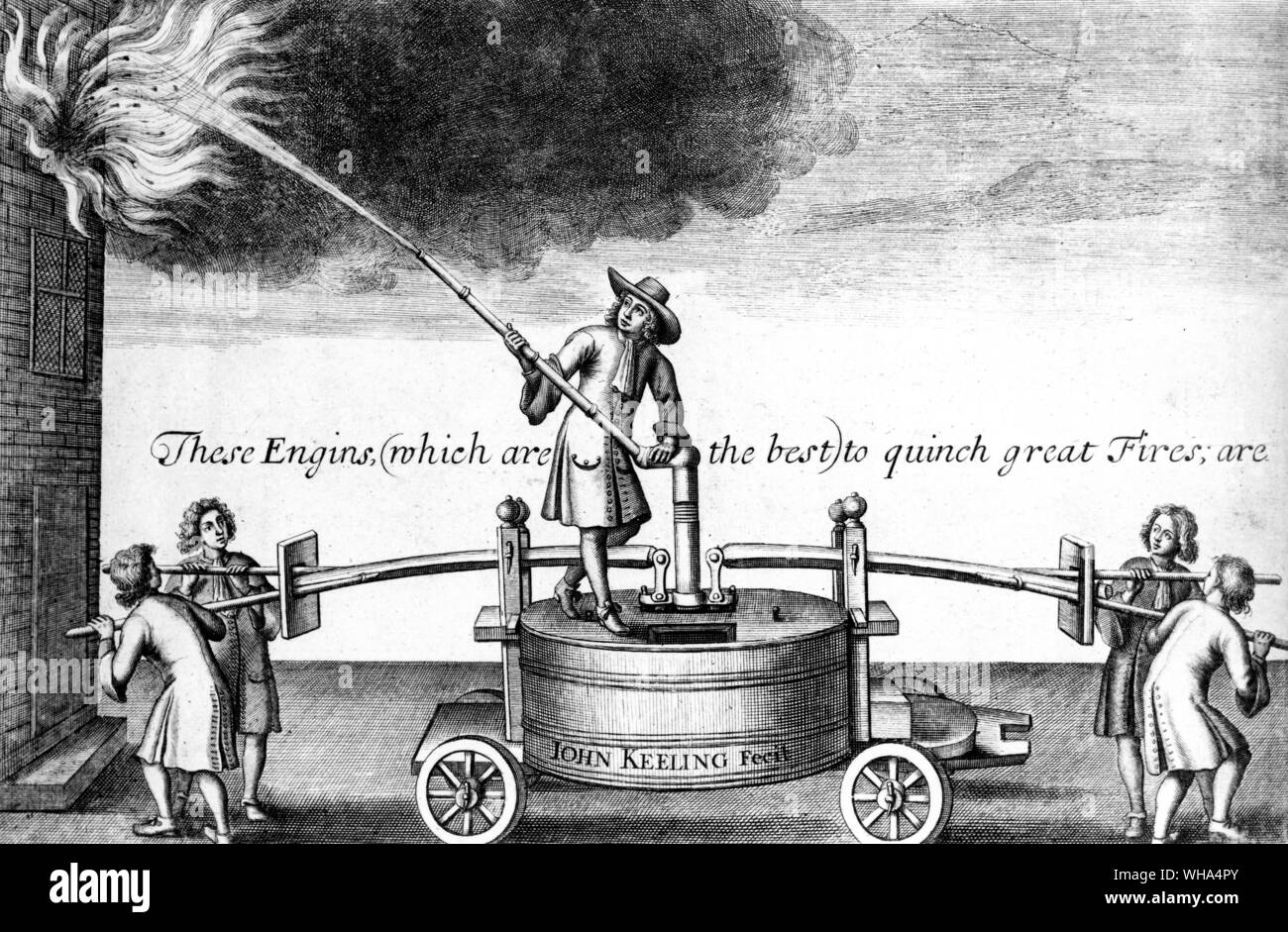A seventeenth century fire squirt, John Keeling's fire engine. In the absene of efficient pumps and flexible hose, fire-fighting equipment was hopelessly inadequate to cope with any large-scale outbreak. Taken from Pepys, Samuel English diarist and naval administrator; kept diary 1660-1669 (published 1893-1899); president of Royal Society 1684-1686  1633-1703 Stock Photo
