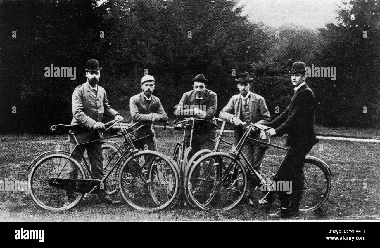 Royal cyclists at Fredensborg Denmark.. Left to right: Prince Waldemar of Denmark, The Czarevitch, Prince George of Greece Prince Nicholas of Greece and Prince Carl of Denmark Stock Photo