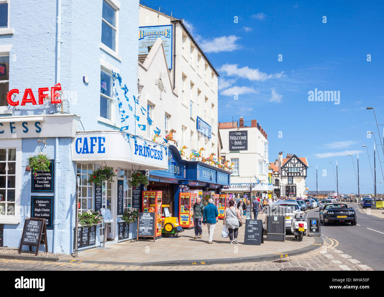 Scarborough South Bay sea front cafes and shops, Scarborough, North