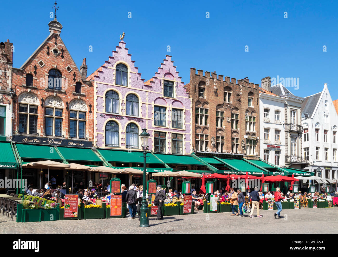 Cafes in the Market Square in the centre of Bruges, West Flanders, Belgium, Europe Stock Photo