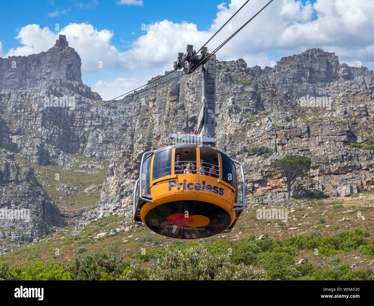 Rotating cable car on the Table Mountain Aerial Cableway with Table Mountain behind, Cape Town, Western Cape, South Africa Stock Photo