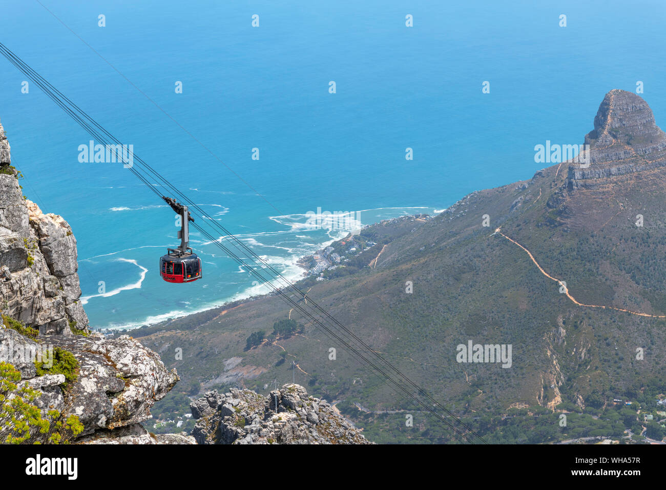 Cable car of the Table Mountain Aerial Cableway ascending to the top station, Table Mountain, Cape Town, South Africa Stock Photo