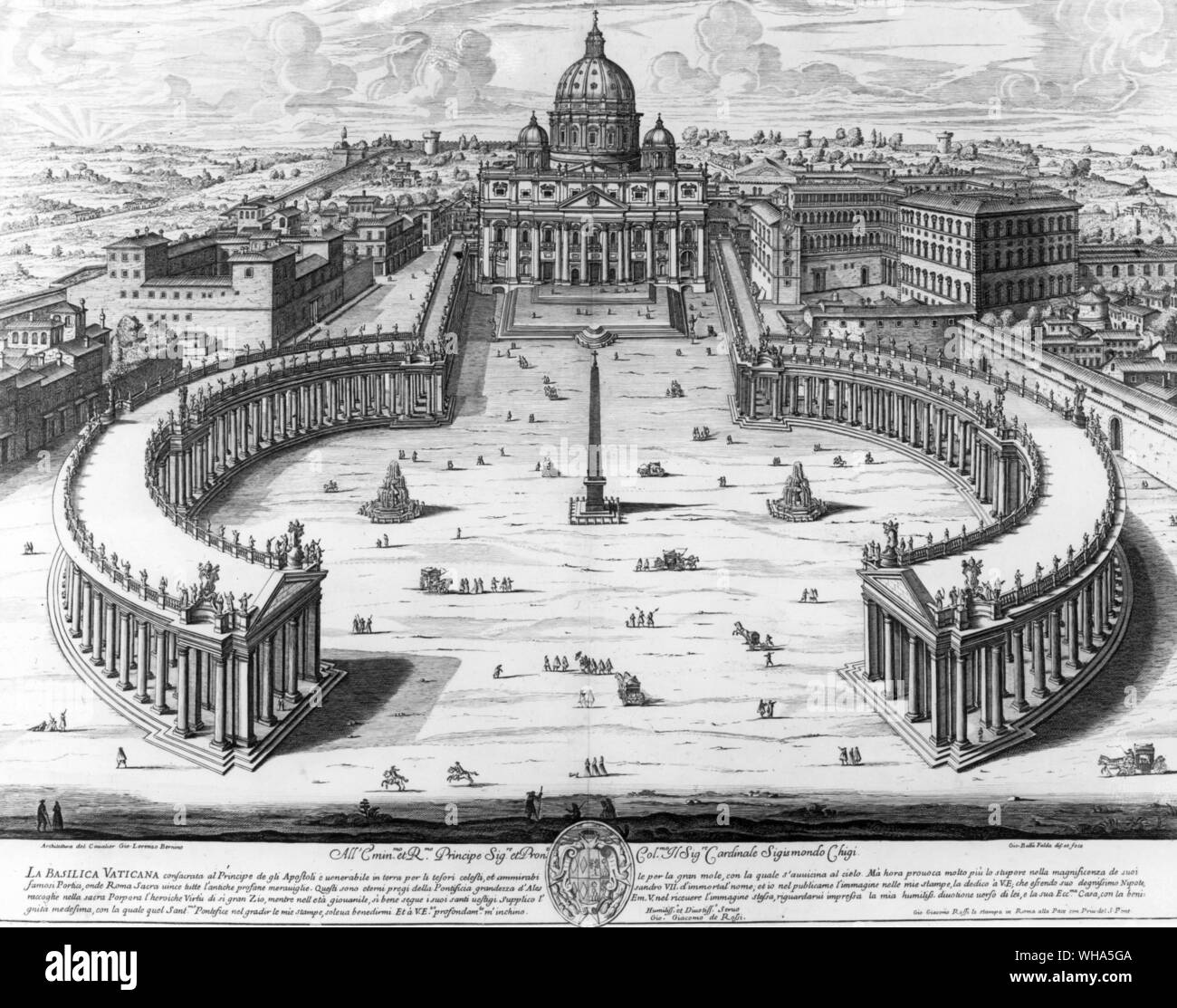 St Peters and Berninis colonnade with the two fountains and the obelisk but before the piazza was paved.. c 1700. Colonnade finished in 1666. Piazza paved by 1770. Rome. Stock Photo