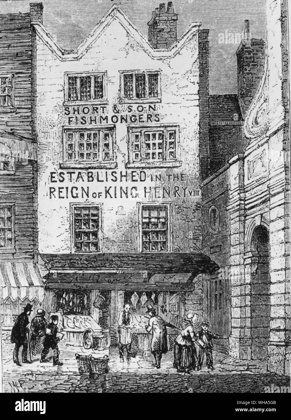 The Old Fish Shop by Temple Bar London. Established in the reign of King Henry VIII. 1846 Stock Photo