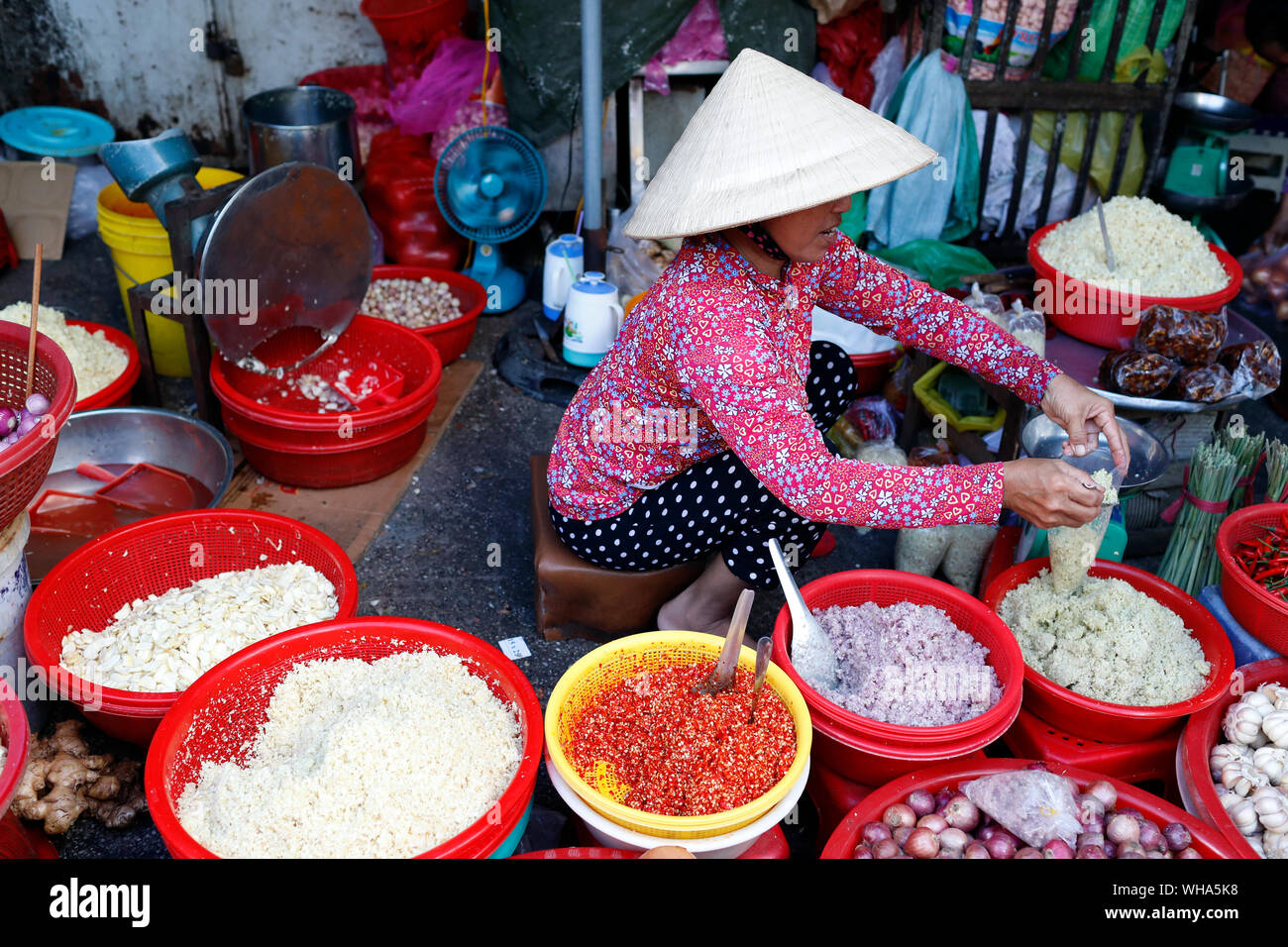 Vietnamese woman working at market, Ho Chi Minh City, Vietnam, Indochina, Southeast Asia, Asia Stock Photo