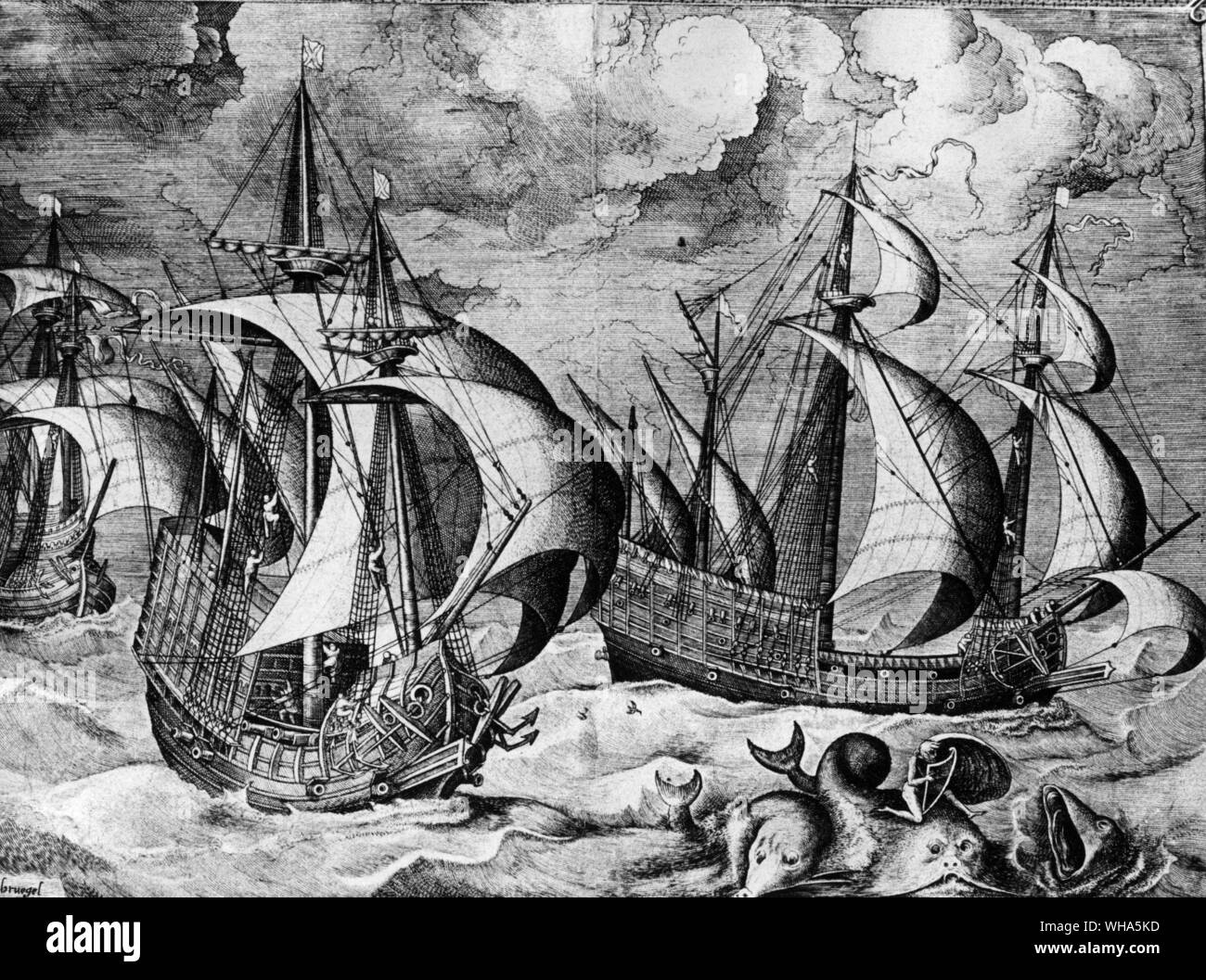 Painting by Bruegel probably after 1556 as he stopped signing his name Brueghel about this time.. c 1525-1569. Photo: Alexandra Lawrence. Sailing Ships. Stock Photo