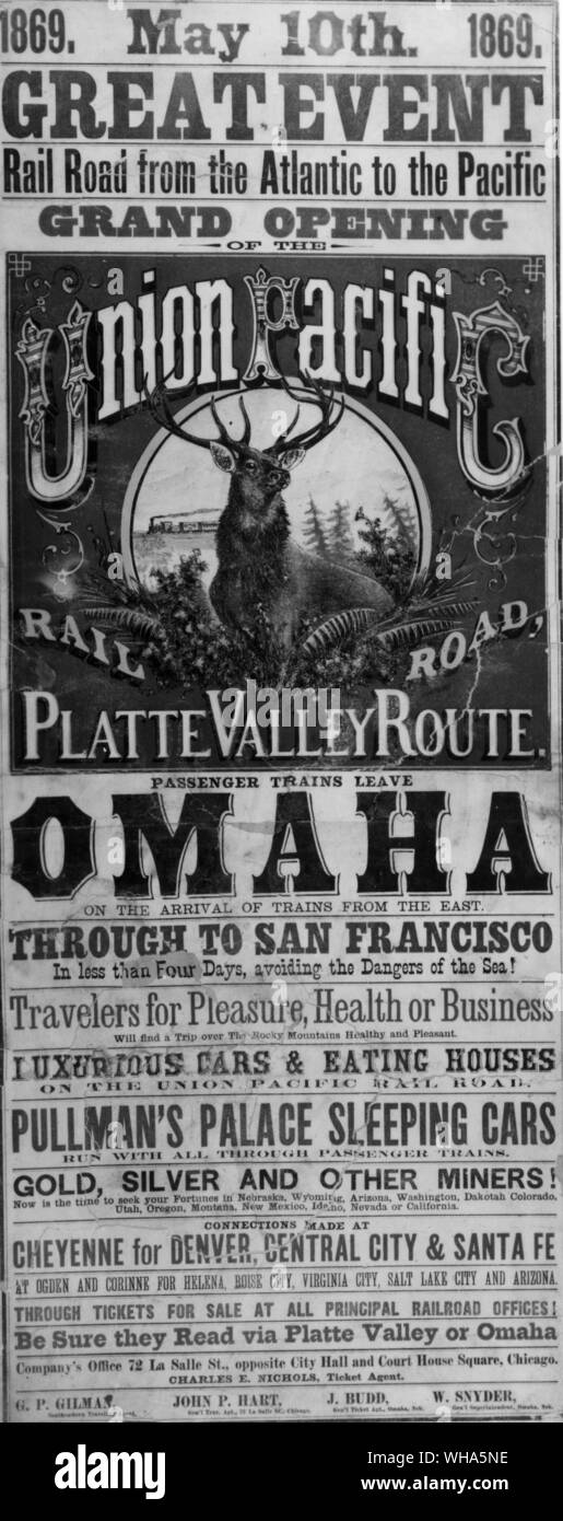 The Great Event. May 10th 1869. Railroad from the Atlantic to the Pacific. Passenger trains leave Omaha  . Union Pacific Rail Road Stock Photo