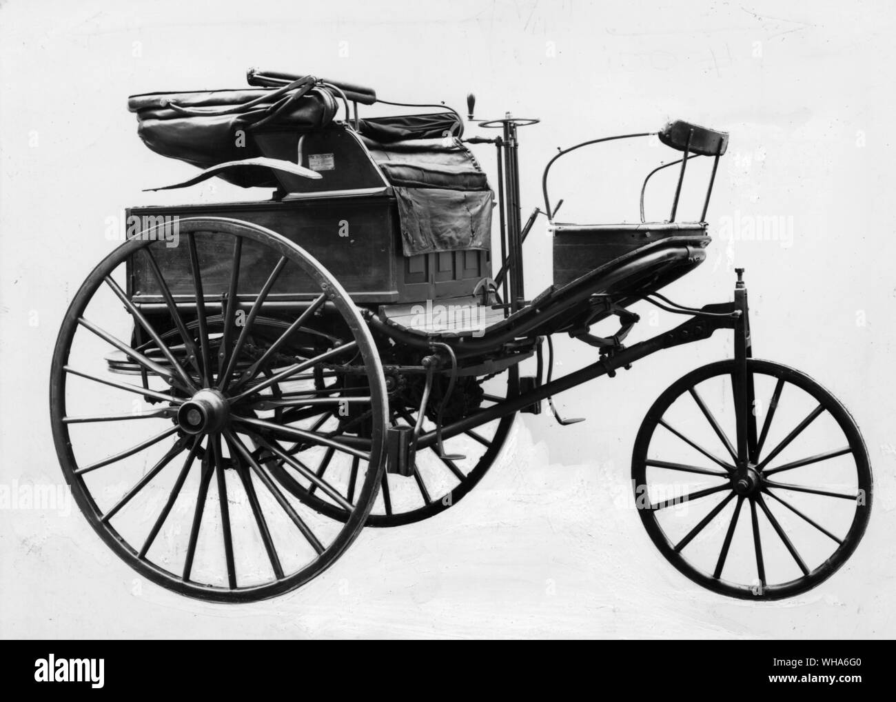 Benz Motor Car 1888. A three wheeled vehicle with a horizontal single cylinder motor designed by Carl Benz. This example is probably the first petrol car brought into England Stock Photo