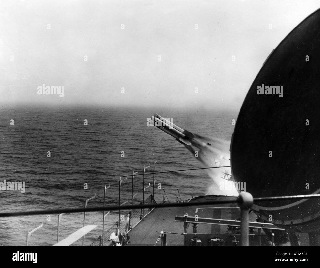 HMS London practices firing seaslugs. July 1964 Stock Photo