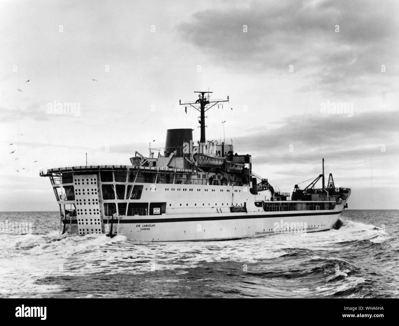 Sir Lancelot pictured during her trials is the Armys first Logistic Ship. designed by the Ministry of Transport to meet the requirements of the War Office for a fast troop and vehicle carrier capable of discharging over a beach.. 1964 Stock Photo