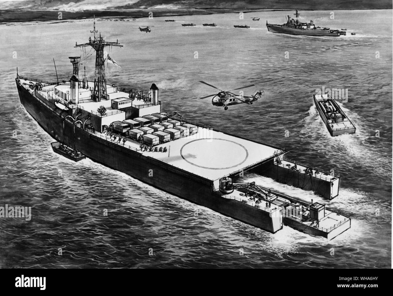 Artists impression of the Royal Navys assult ship to carry landing craft which can be launched by flooding compartments of the ship and lowering it into the water. She will have a helicopter platform. February 1961 Stock Photo