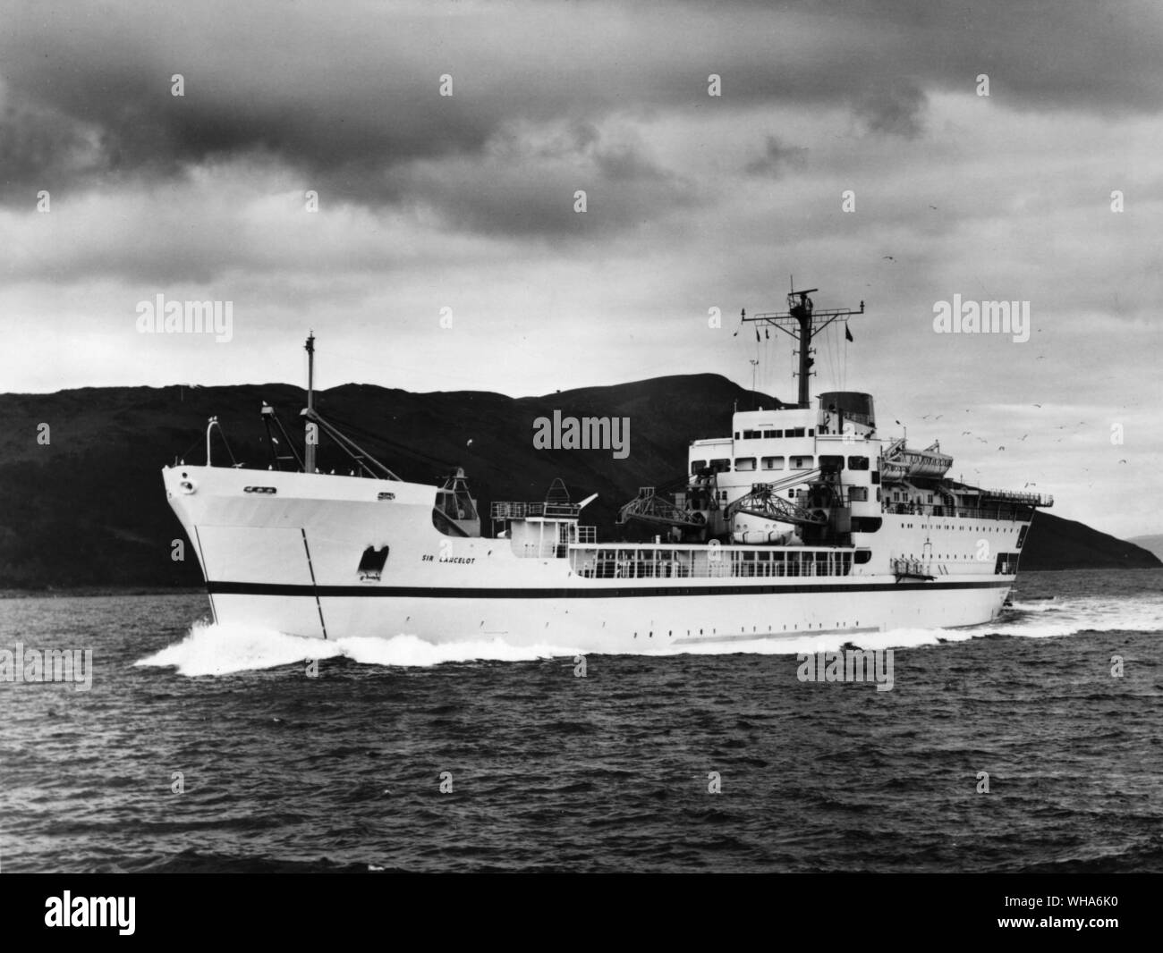 Sir Lancelot pictured during her trials is the Armys first Logistic Ship. designed by the Ministry of Transport to meet the requirements of the War Office for a fast troop and vehicle carrier capable of discharging over a beach.. 1964 Stock Photo
