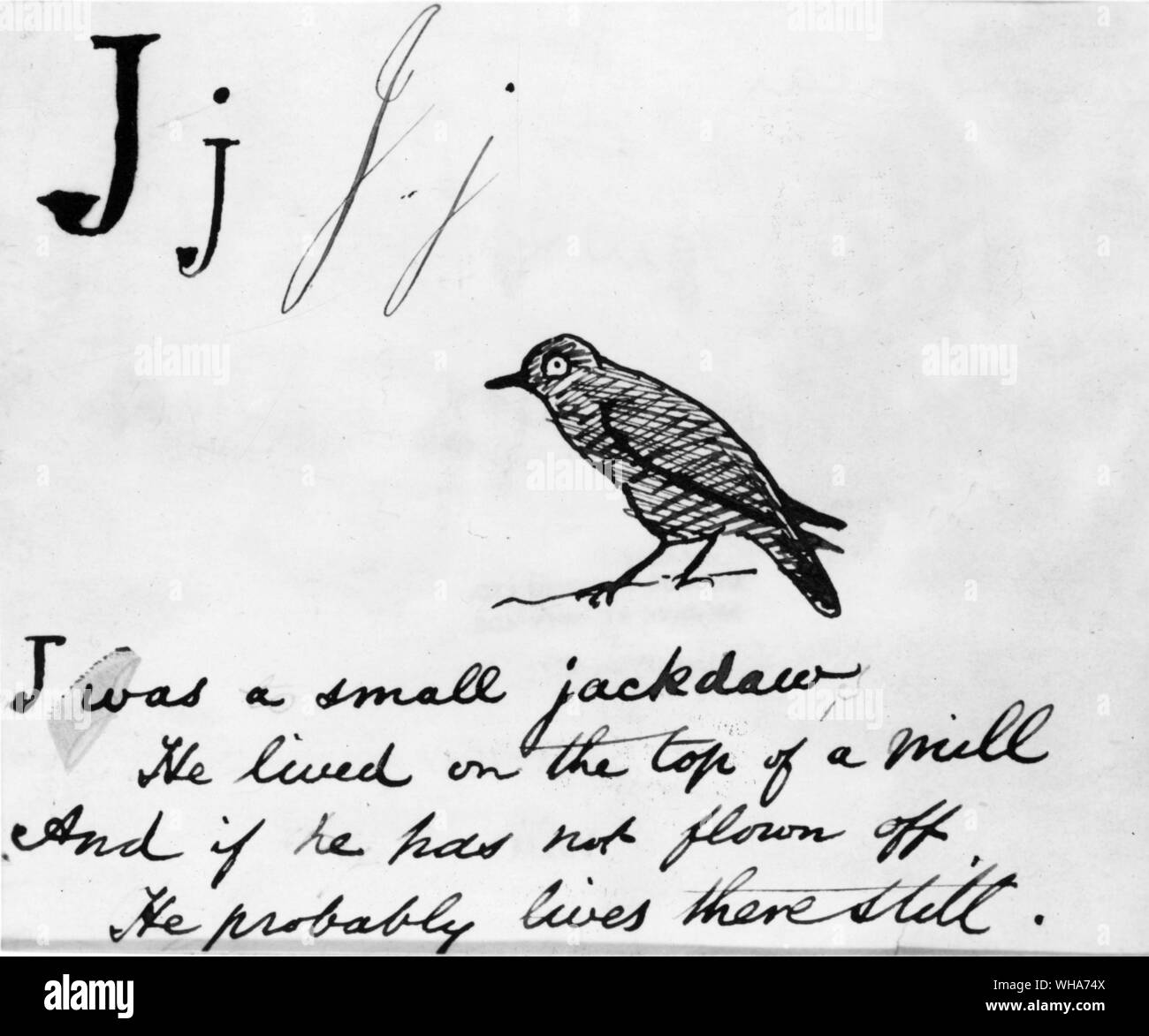 Edward Lear. . J for Jackdaw. . J was a small jackdaw. He lived on the top of a mill. And if he has not flown off. He probably lives there still Stock Photo