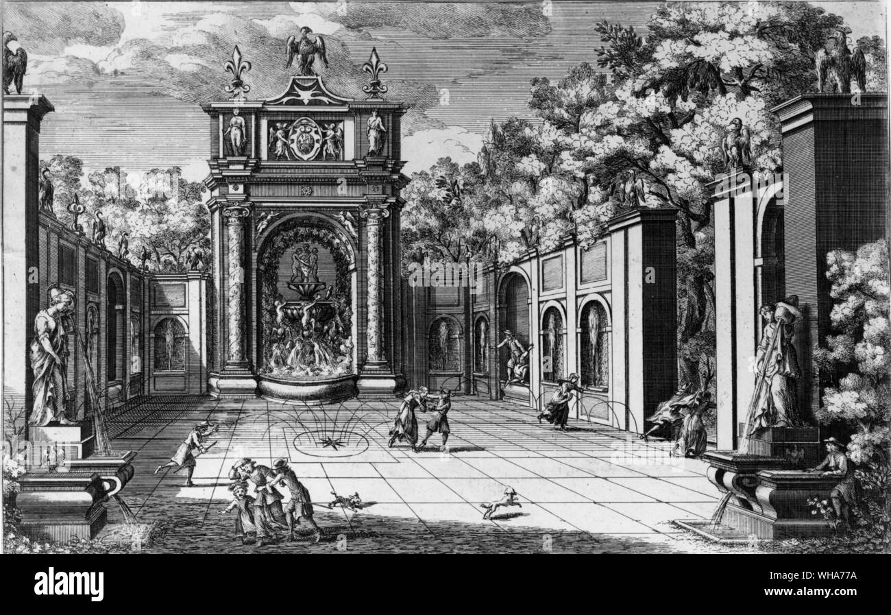 Venturini's print of the Owl Fountain of the Villa d'Este. The Owl may be seen seated on the right hand rim of the basin. The eagles and lilies which surmount the fountain and walls are the arms of the Estensi. Trick fountains which delighted the 17th century spring unexpectedly from the pavement Stock Photo