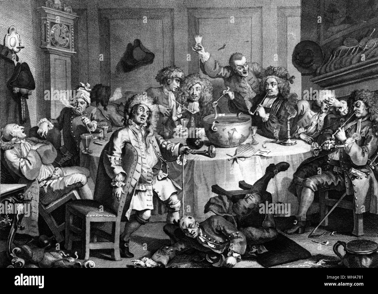 A Midnight Modern Conversation by Hogarth. In St John's Coffee House Temple Bar at 4 am. Parson Cornelius Ford central character ( Johnson's disreputable cousin ). Tobacconist John ? Ford's friend. 1732-1733 Stock Photo