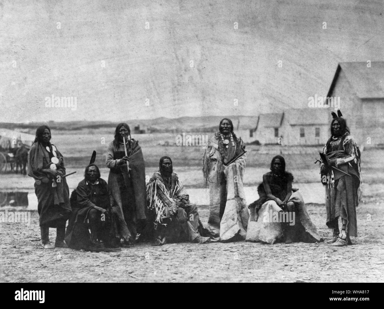 Dakota Treaty Council. 1868  Fort Laramie by Gardner. Old Man Afraid of Horse . Whistling Elk. Roman Nose. Scenes in the Indian Country Stock Photo