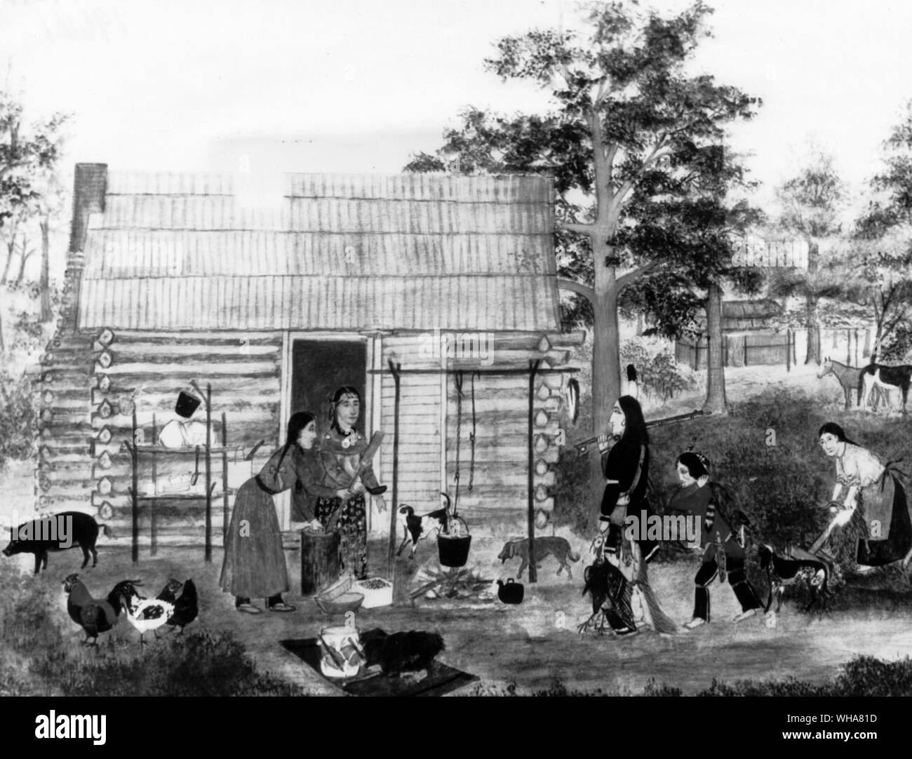 Painting showing home life about 1890. Painted by Ernest Spybuck. Shawnee Oklahoma Stock Photo