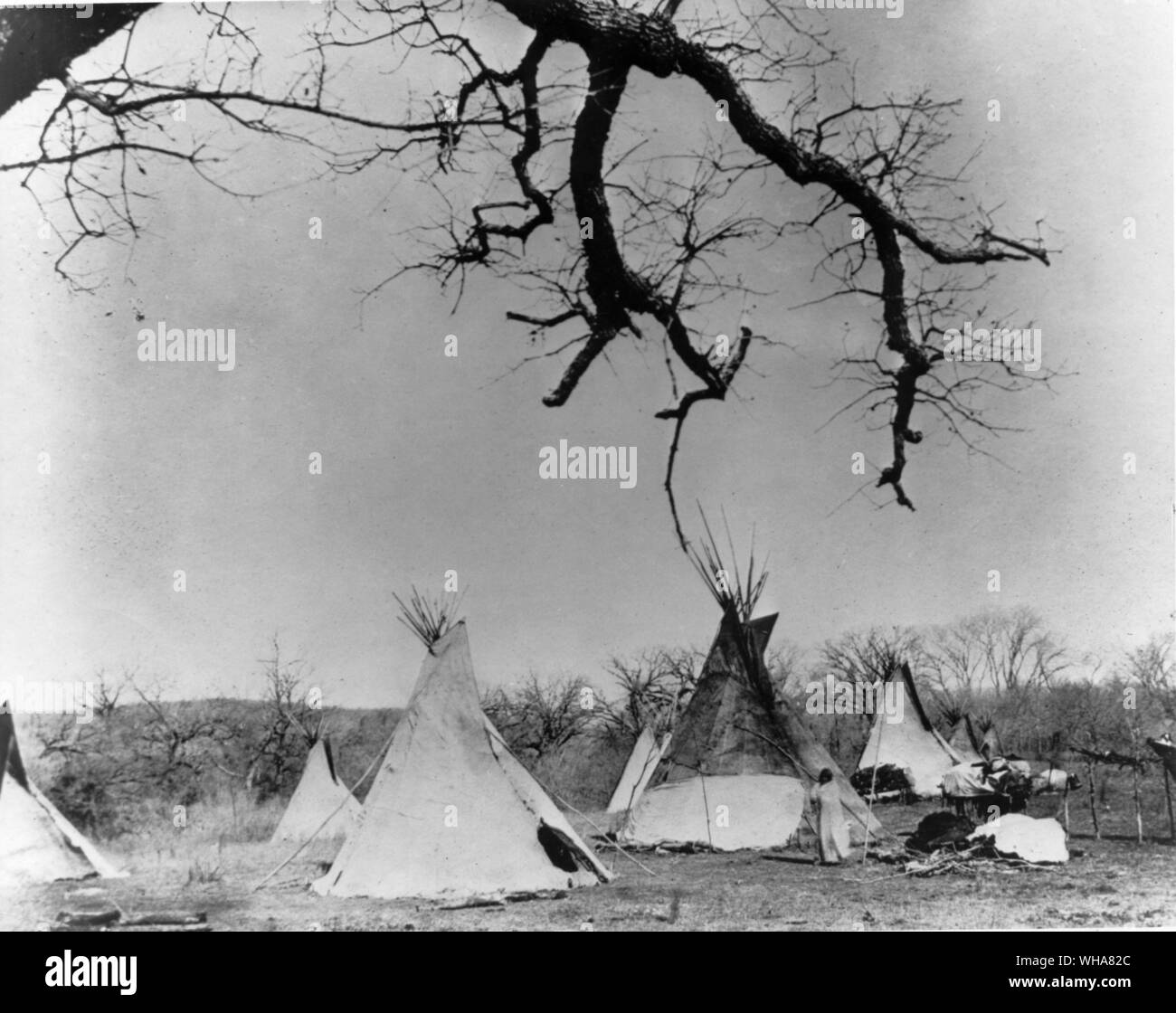 Quir-par-ke (Guipage) or Lone Wolf's camp at Fort Sill. Indian Territory. after the battle of the Palo Duro Canyon. 1874. PALO DURO CANYON, BATTLE OF. The battle of Palo Duro Canyon was the major battle of the Red River War,qv which ended in the confinement of southern Plains Indians (Comanches, Kiowas, Kiowa Apaches, Cheyennes, and Arapahos) to the reservations in the Indian Territory. By late September 1874 the warring Indians had camped in the protection of Palo Duro Canyon, where a Kiowa shaman, Maman-ti,qv promised them they would be safe. Col. Ranald S. Mackenzieqv led his Fourth United Stock Photo