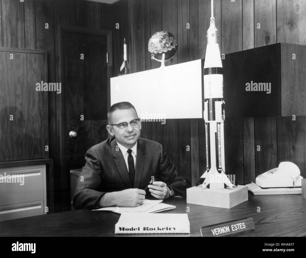 Vernon Estes President of Estes Industries Penrose Colorado. In 1969 Estes Industries became a subsidiary of Damon Corporation, the largest manufacturer of model rockets and supplies.. Estes is a director of the First National Bank of Florence, Colorado, and also serves on the Executive Committee of the Rocky Mountain Council, Boy Scouts of America Stock Photo