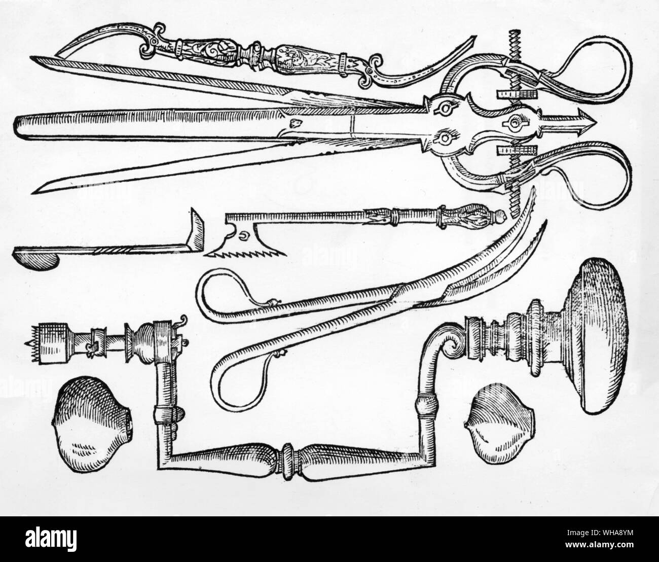 Surgical instruments 16th century. From William Clowes Profitable and necessary book of observations London. 1596 Stock Photo