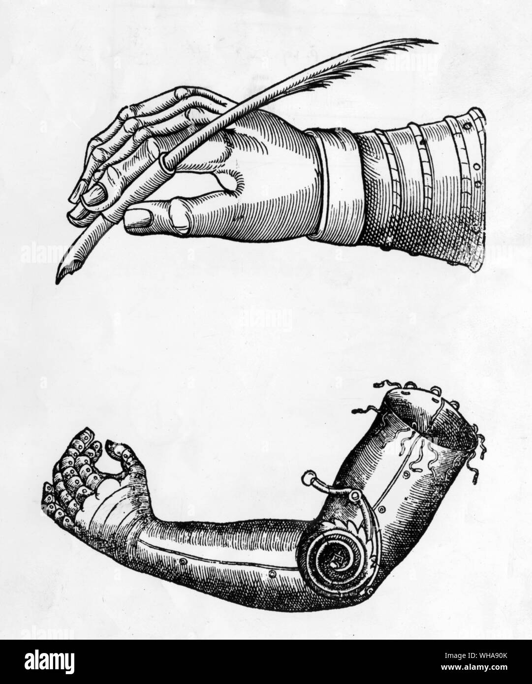 Artificial limbs, an artificial writing hand and artificial arm from Ambroise Pare, Oeuvres. 1510-1590 Stock Photo