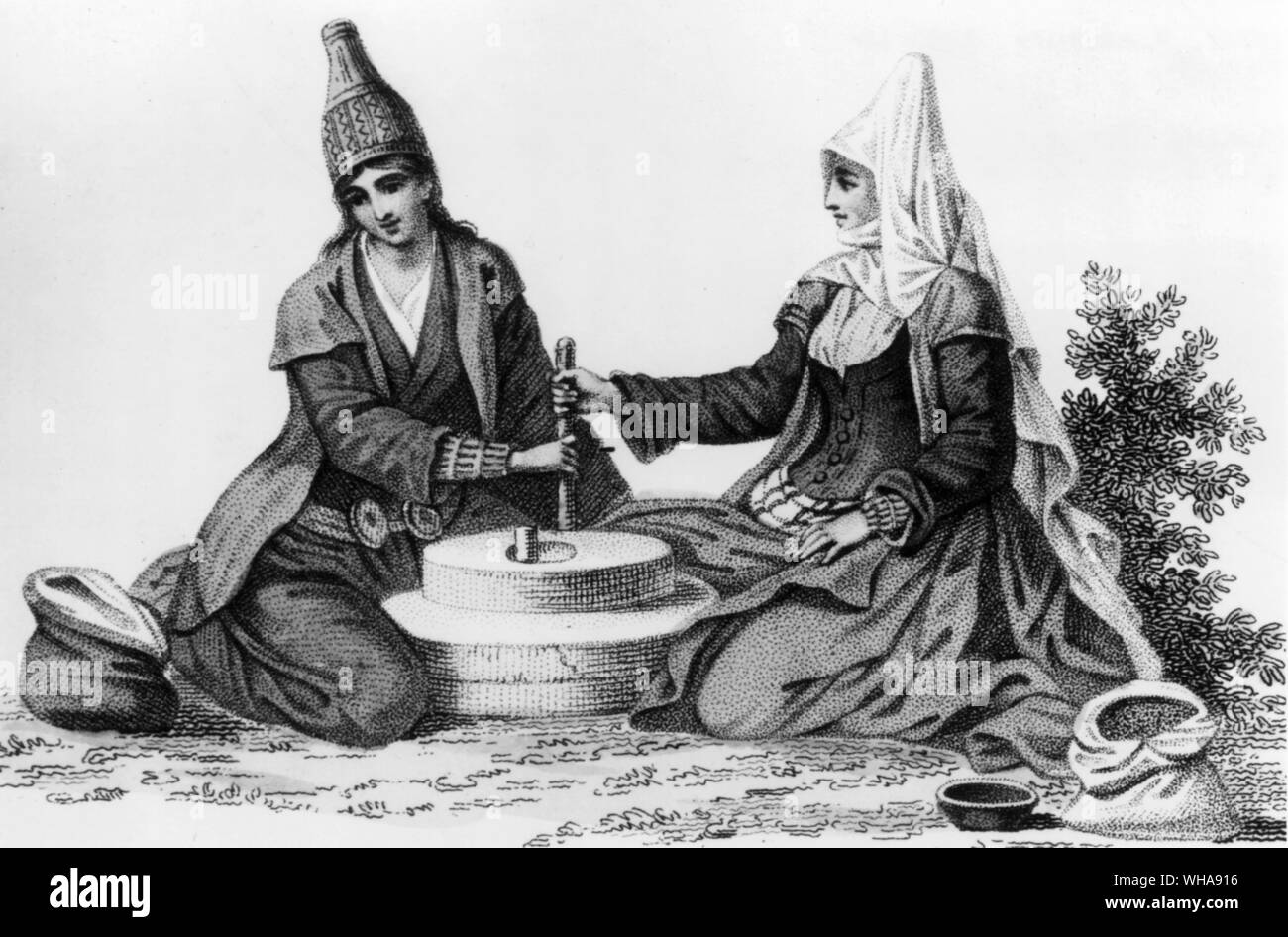 Drusian women. Turkey Miniature 1822 AD. Grinding Corn Stock Photo