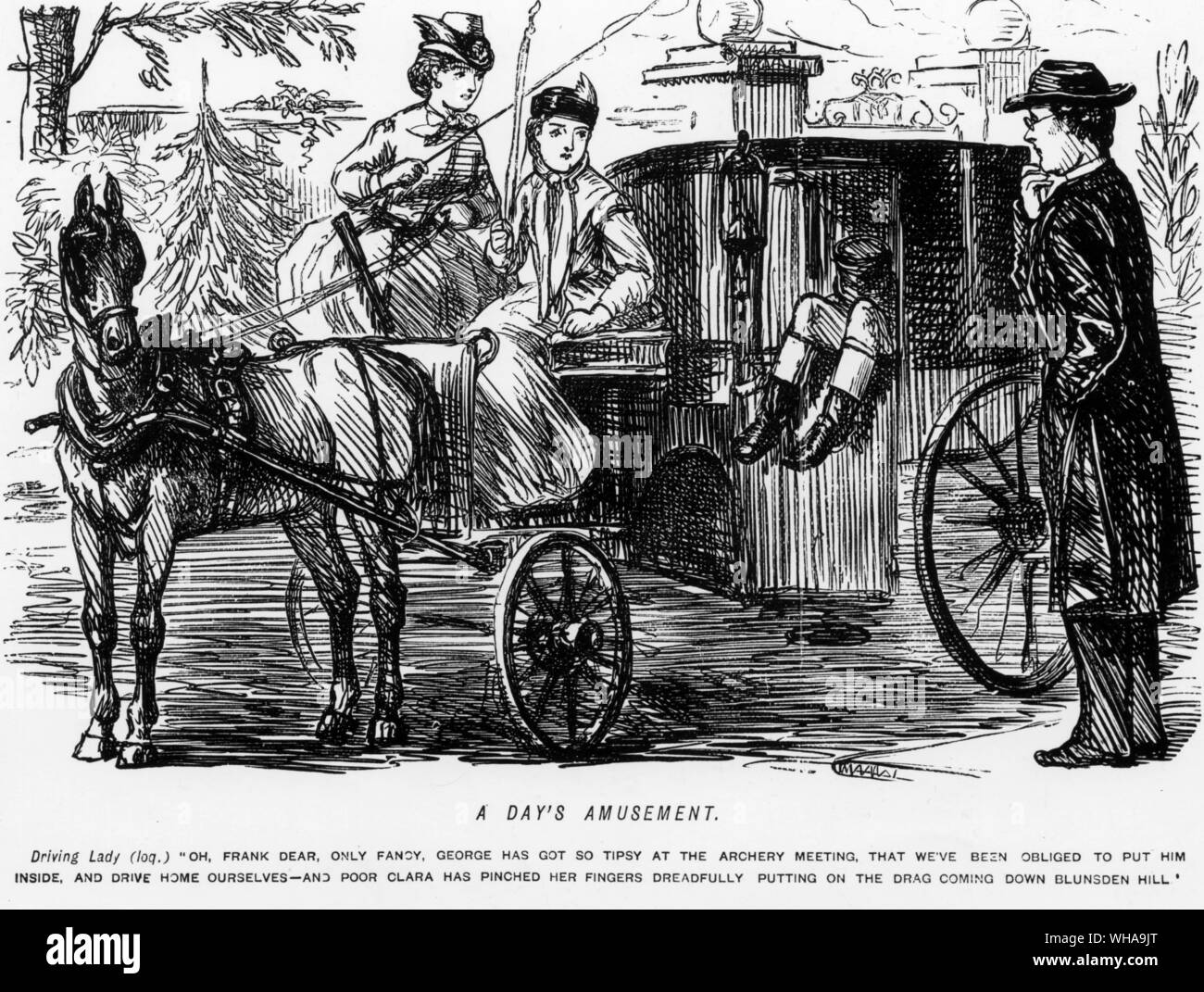 A Day's Amusement. Driving Lady ' Oh Frank dear, only fancy, George has got so tipsy at the archery meeting, that we've been obliged to put him inside,and drive home ourselves - and poor Clara has pinched her fingers dreadfully putting on the drag coming down Blunsden Hill. Stock Photo