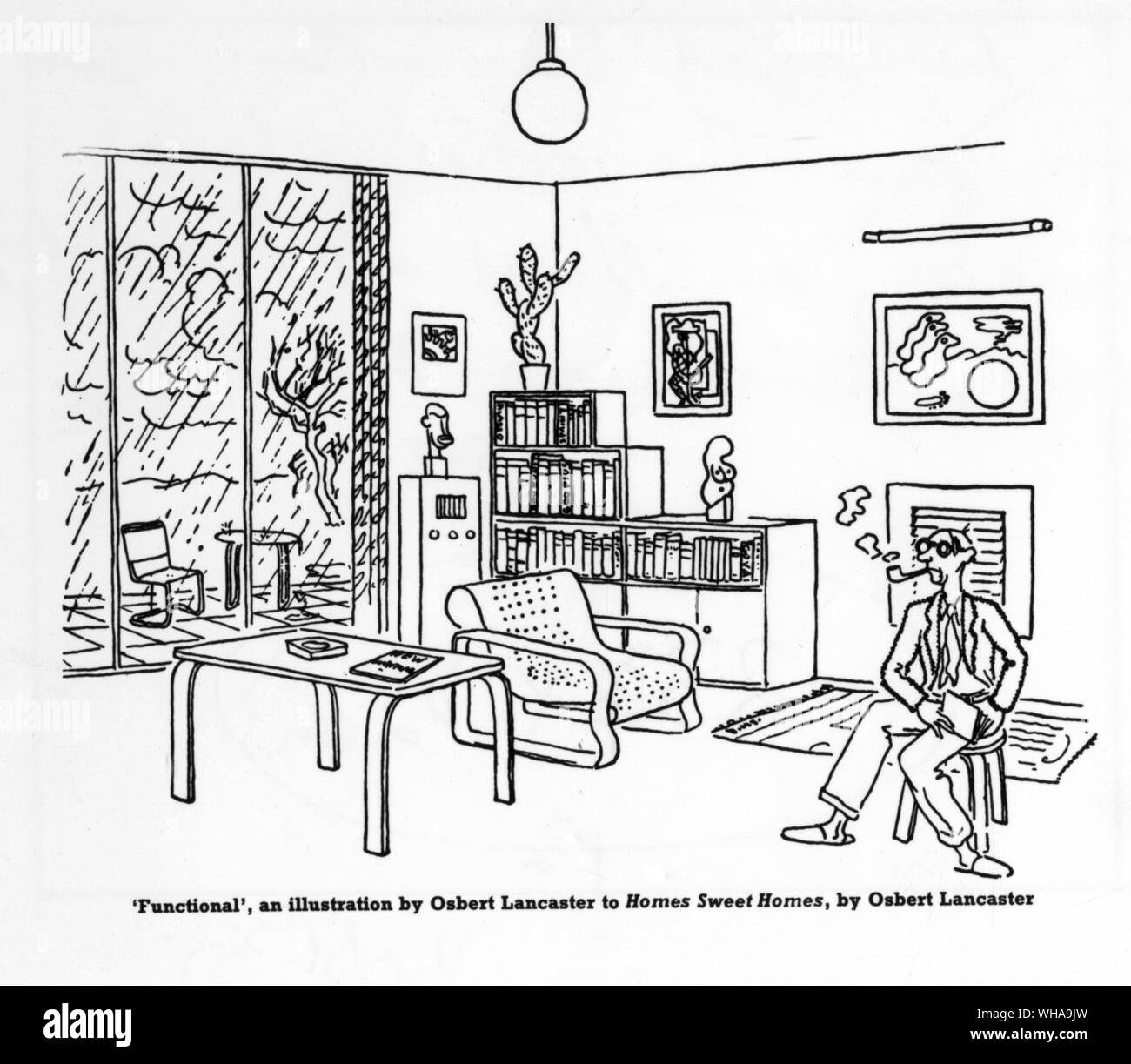 Functional' an illustration by Osbert Lancaster to Homes Sweet Homes by Osbert Lancaster. Lancaster, Sir, Osbert (1908 - 1986). Famous British cartoonist and writer.. After studying art at the Slade School in London he produced several books on architecture, including Homes, Sweet Homes (1939), in which he coined the phrase 'stockbroker Tudor'. From 1939, and for many years he produced cartoons for the Daily Express, using his character Maudie Littlehampton to satirise upper-class preoccupations.. . Stock Photo