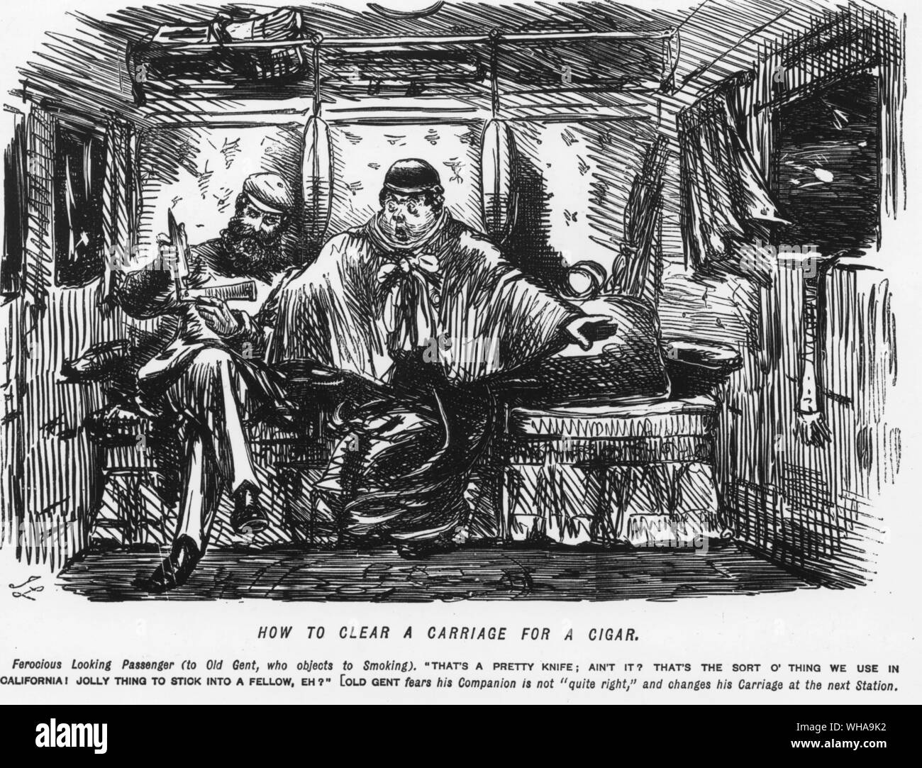 How to clear a carriage for a cigar. Ferocious looking Passenger ( to old Gent, who objects to smoking ) Thats a pretty knife aint it? Thats the sort o thing we use in California! Jolly thing to stick into a fellow, eh?. Old gent fears his companion is not 'quite right' and changes his carriage at the next station. John Leech Stock Photo
