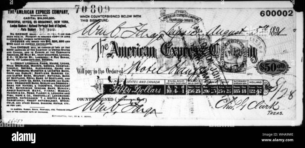 The first American Express Travellers Cheque ever used. It was cashed by William Fargo on August 5th 1891 at the Hotel Hauffe, Leipzig, Germany Stock Photo