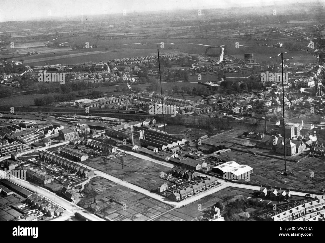 An aerial photograph of Chelmsford in 1921, showing the Marconi works with the two masts (450ft high) erected in 1913 and dismantled in 1935 Stock Photo