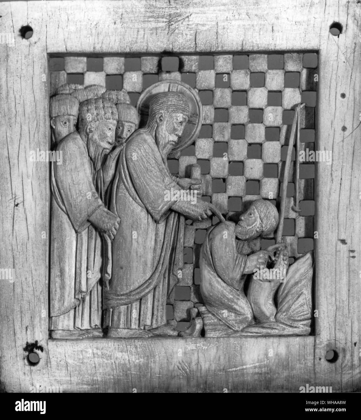 Ivory carving: Christ and Peter finding temple tribute in fish. from the madeburger Antependium c 970 Stock Photo