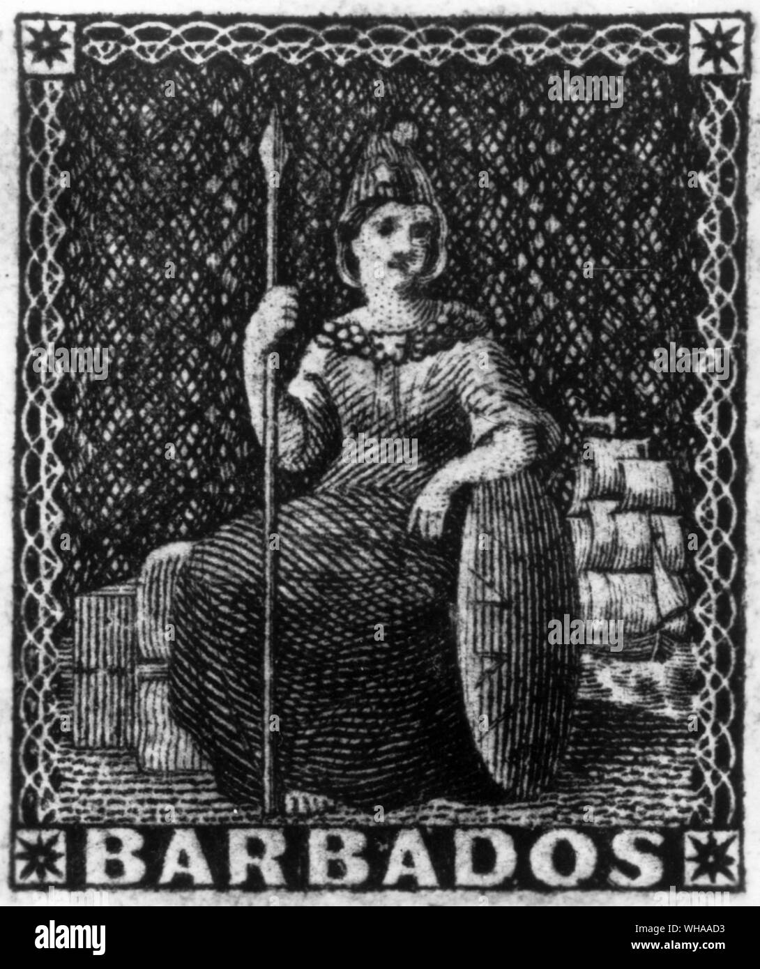 Barbados. The first stamps were recess printed by Perkins bacon & co on blued unwatermarked paper and issued 15th April 1852 in three colours green, blue and slate. Stock Photo