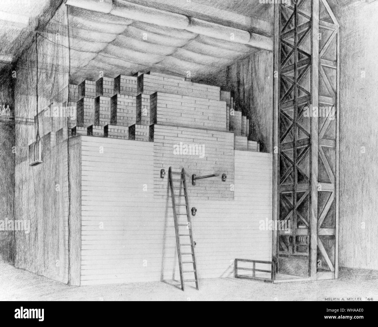 Sketch of the worlds first reactor. Due to wartime secrecy there are no photographs of the completed reactor. The reactor itself was composed of layers of graphite interspersed with Uranium. Criticality, that is, self sustained chain reaction, was achieved on December 2nd 1942, when the 57th layer was added. This gave rise to the early name for reactor ' piles ' because of piling one layer on another. Achieving control of the release of the power of the atom was a major breakthrough in what was then a race to make an atomic weapon. Word of the success was telephoned immediately to Washington Stock Photo