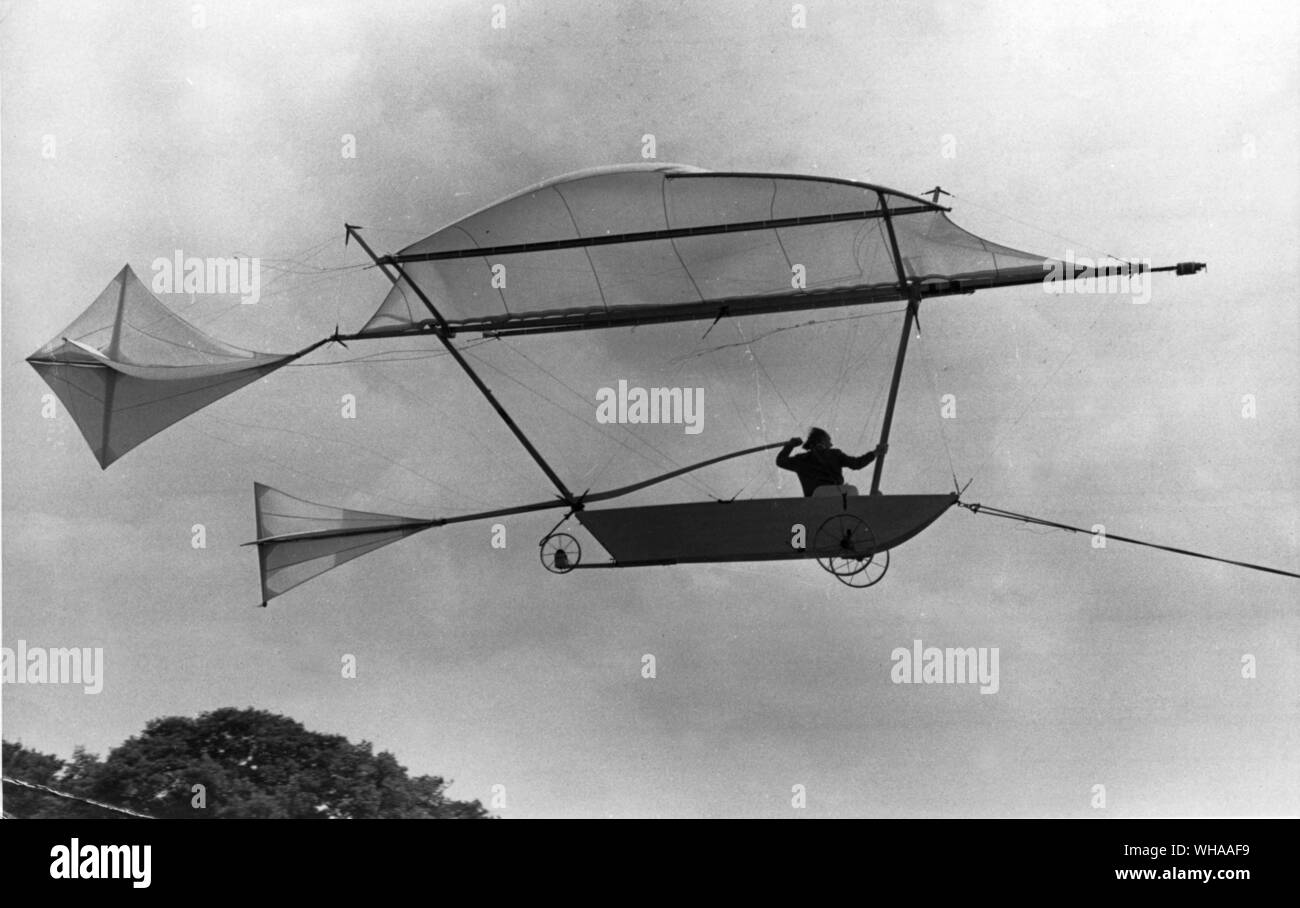Anglia Television presents a Magnificent Man and his Flying Machine . In flight at Brompton Dale with Derek Piggott operating the rudder Stock Photo