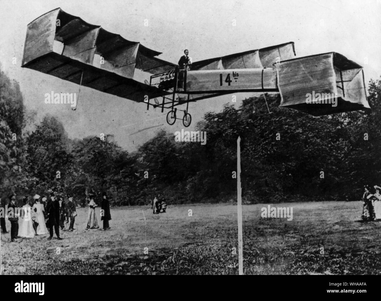 Santos Dumont the first man to fly, during his famous flight when a machine heavier than the air left the ground for the first time in history at Bagatelle in Paris in 1906 Stock Photo