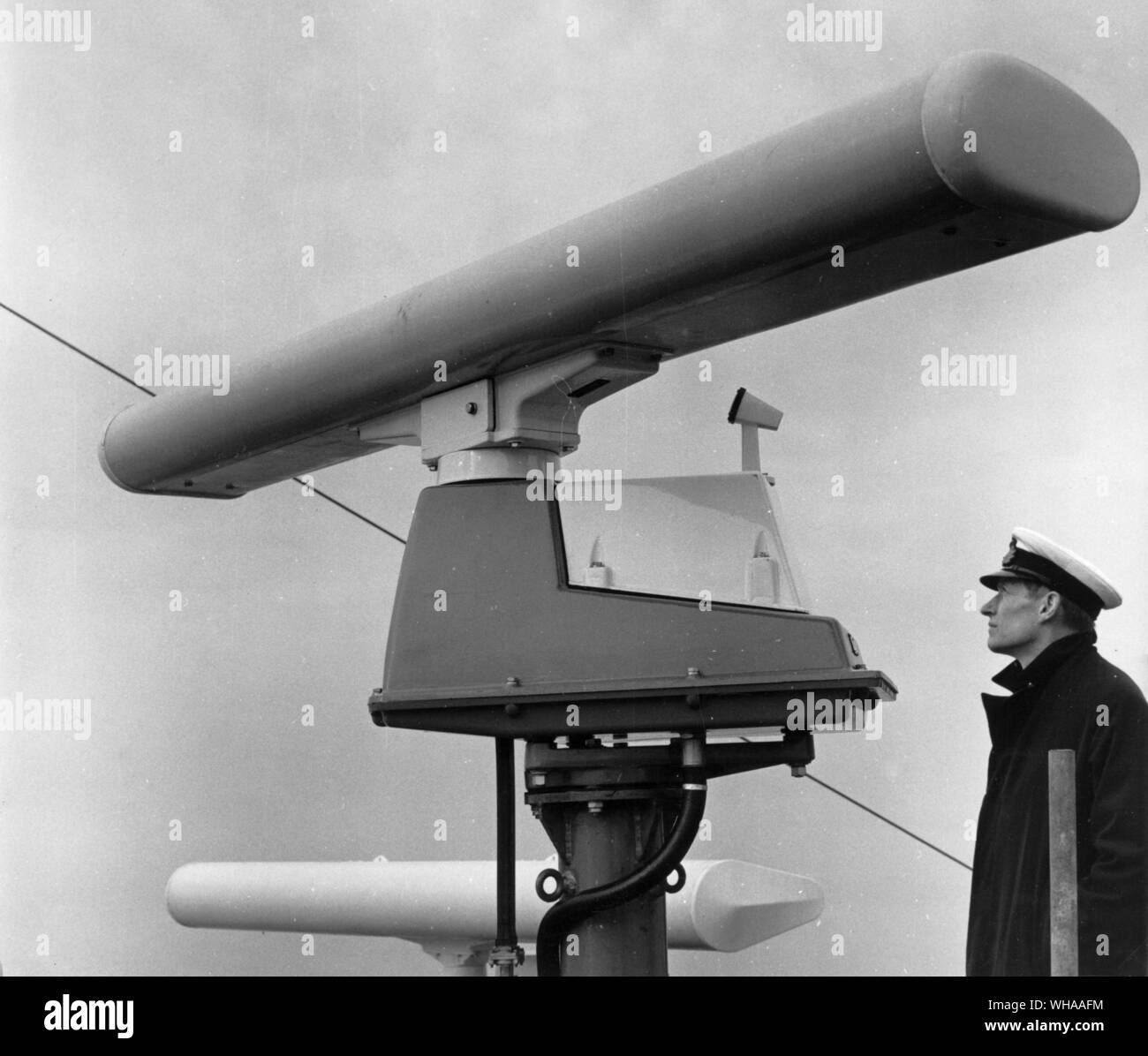 Aerial and turning motor of the Decca solid state RM 916 radar. In the background can be seen the 12 ft scanner of the Decca 10cm radar. The latter has particular advantages over the standard 3 cm frequency in conditions of ice and snow. Stock Photo