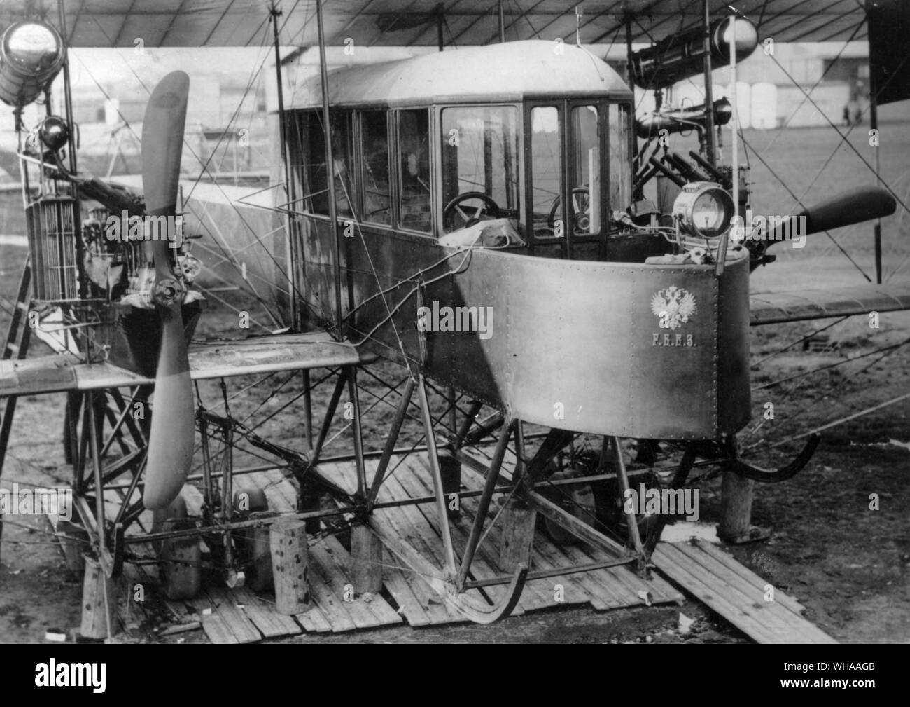 The first passenger plane with enclosed cabin. built in Russia in 1913. Stock Photo