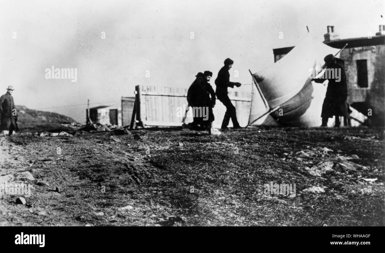Raising the kite aerial at Signal Hill Newfoundland for the successful reception of the letter ' S ' ( three dots in the Morse Code ) in December 1901. Marconi is seen at the extreme left Stock Photo