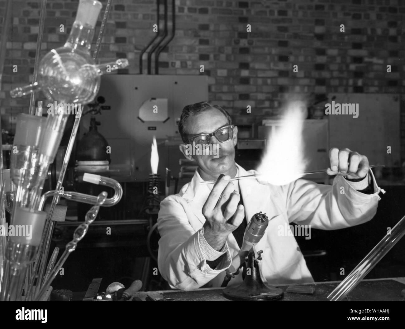 Glass equipment blow to order in the Physics Laboratory Stock Photo