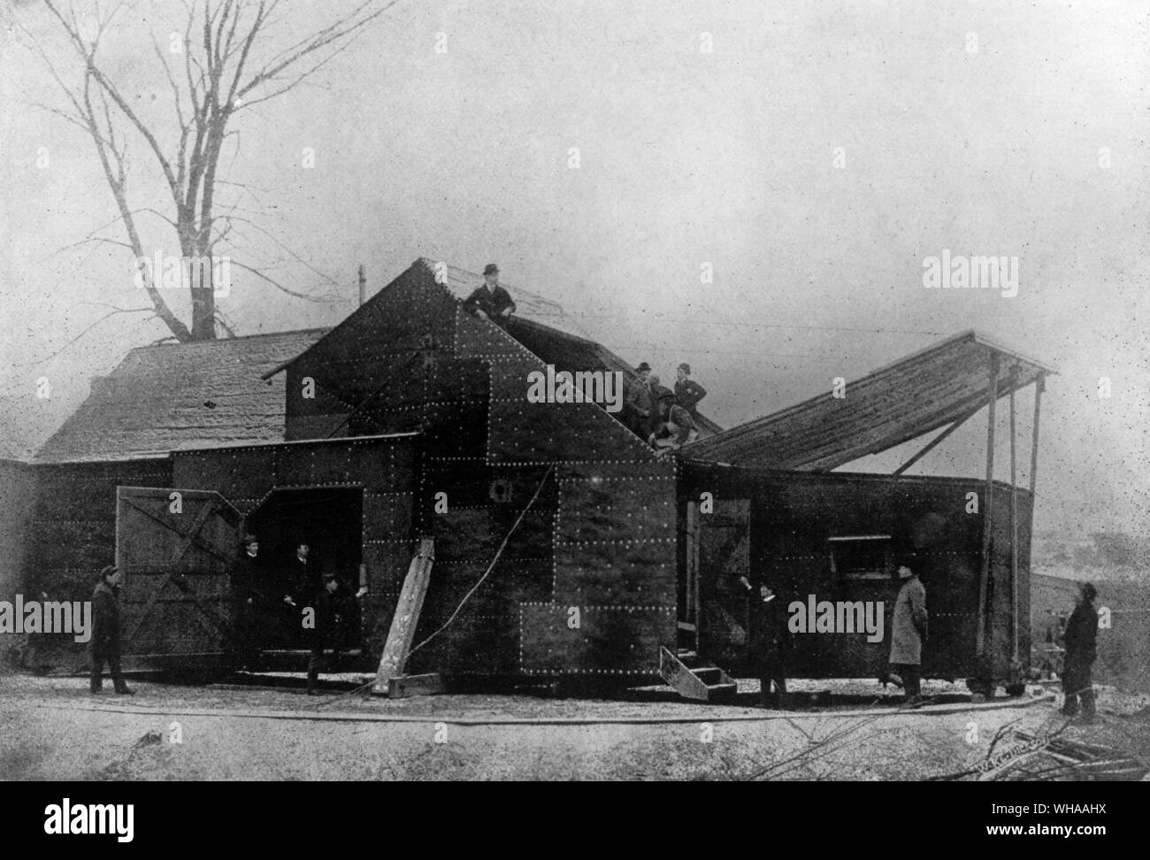 Black Maria. World's first motion picture studio 1893. Erected in the grounds of Edison's West Orange Laboratory. Part of the roof could be opened and the whole building rotated in order to catch the sunlight.. Kinetographic Theatre Stock Photo