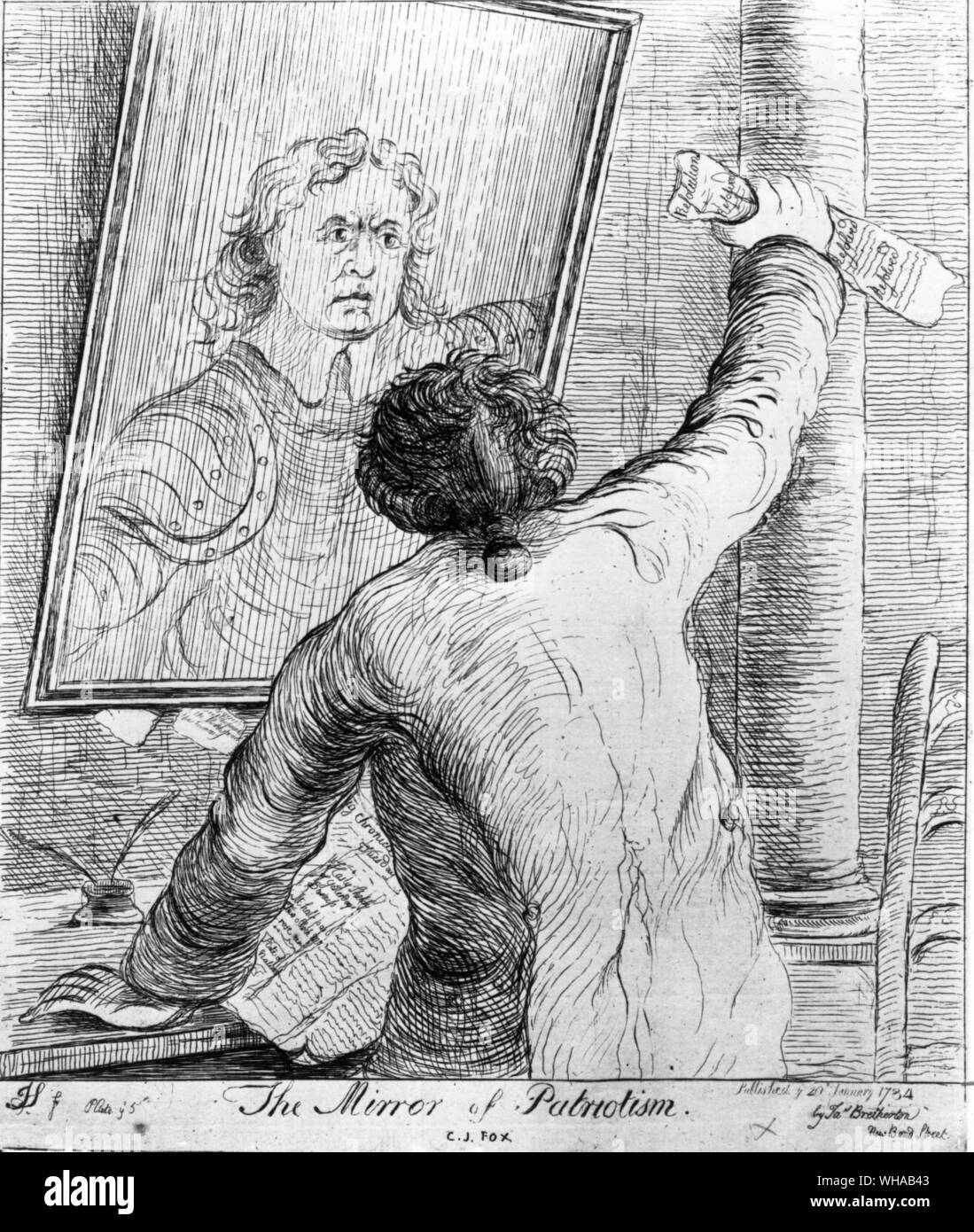The Mirror of Patriotism showing Charles James Fox aping Oliver Cromwell 1784 by James Sayers Stock Photo