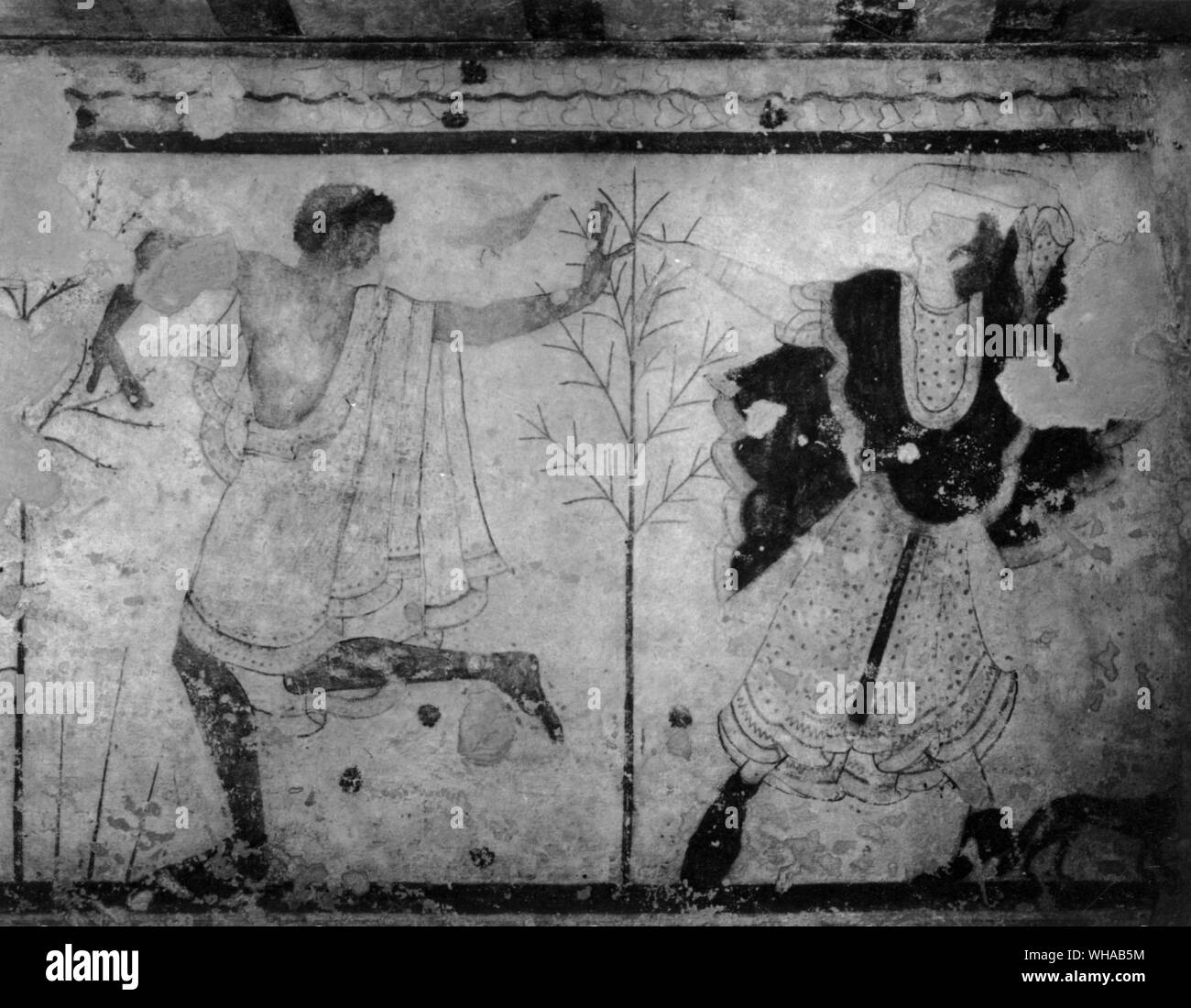 Wall painting of dancers from Tomb of the Triclinium . Tarquinia. MAle dancer has pale blue cloak, female dancer has red tunic. . . Male and female dancers from the tomb of the Triclinium Tarquinia 470 BC Stock Photo