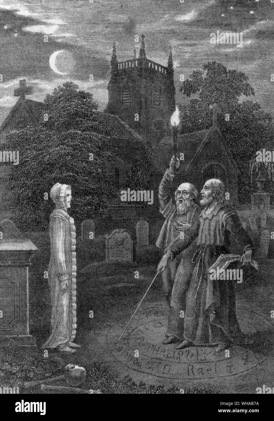 Dr John Dee and Edward Kelly making a Dead Person appear in an English cemetery. Mathieu Giraldo, Histoire Curieuse et Pittoresque des Sorciers . Paris1846 Stock Photo