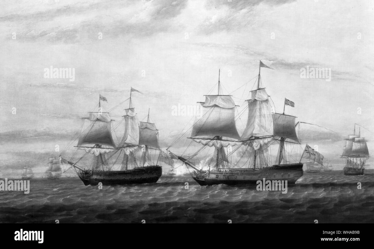 Thomas Dumar Esq in HM Ship Portland delivering the Leeward Island Convoy to Alexander Wall, Commander of the ship Thames June 1776. By Thomas Luny 1758-1837 Stock Photo