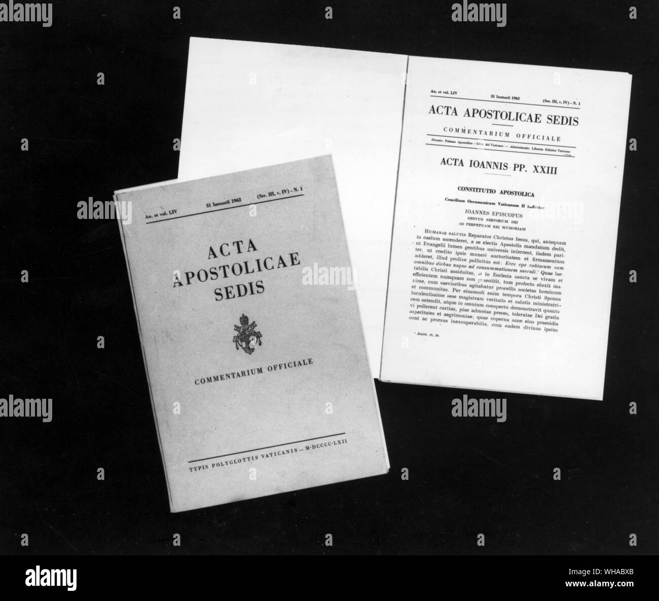 The Acts of the Apostolic Sea is published monthly containing official documents of the church's government. The issue shown contains the Apostolic constitution summoning the 2nd Vatican Council Stock Photo