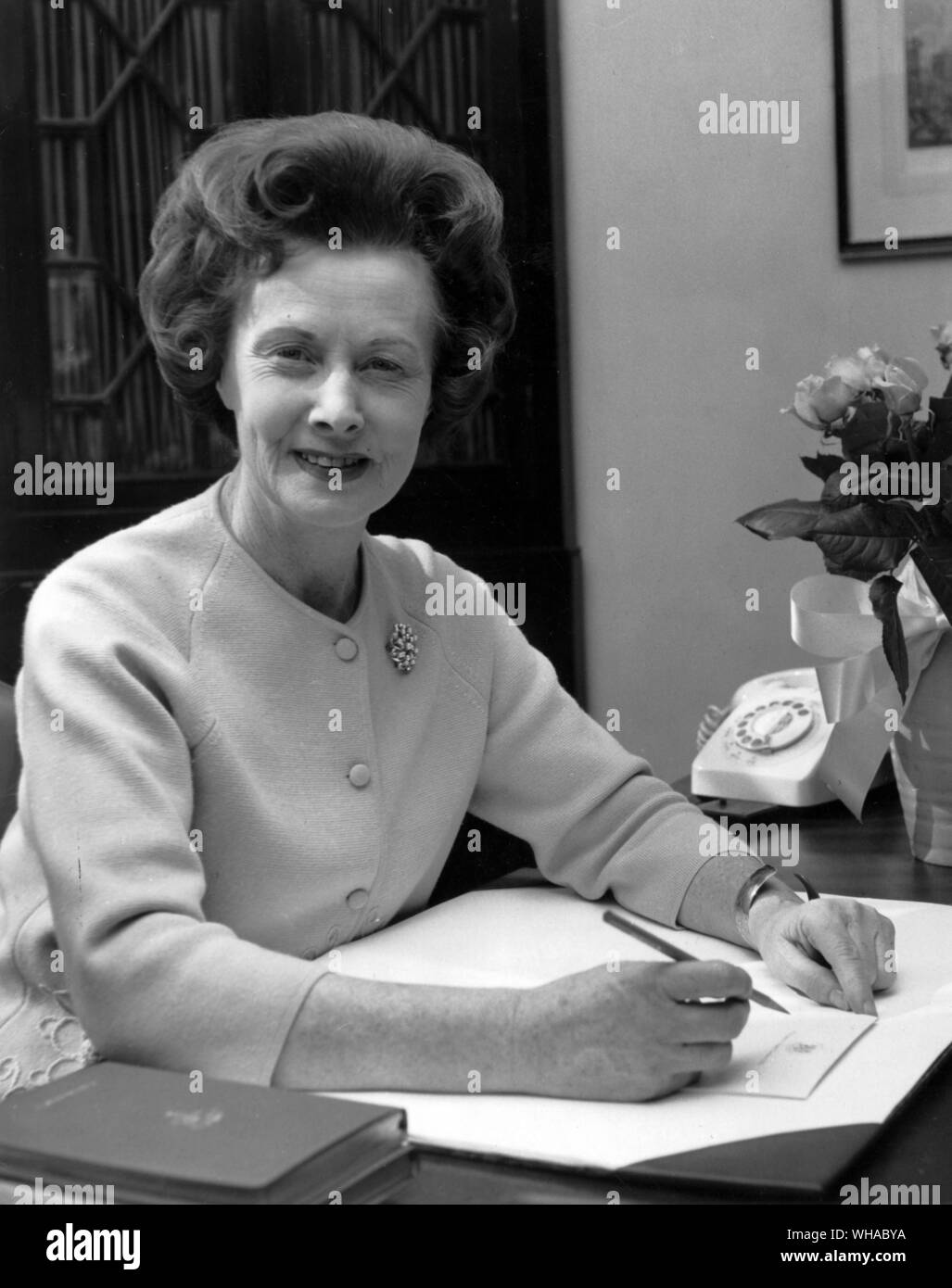 Mrs Barbara Castle starts work in her office at Ministry of Labour in St James's Square London. Mrs Barbara Castle appointed Secretary of State for employment and productivity in the cabinet reshuffle last Friday, took up her new appointment today. Mrs Castle formerly Minister of Transport takes over from Mr Ray Gunter. 8th April 1968 Stock Photo