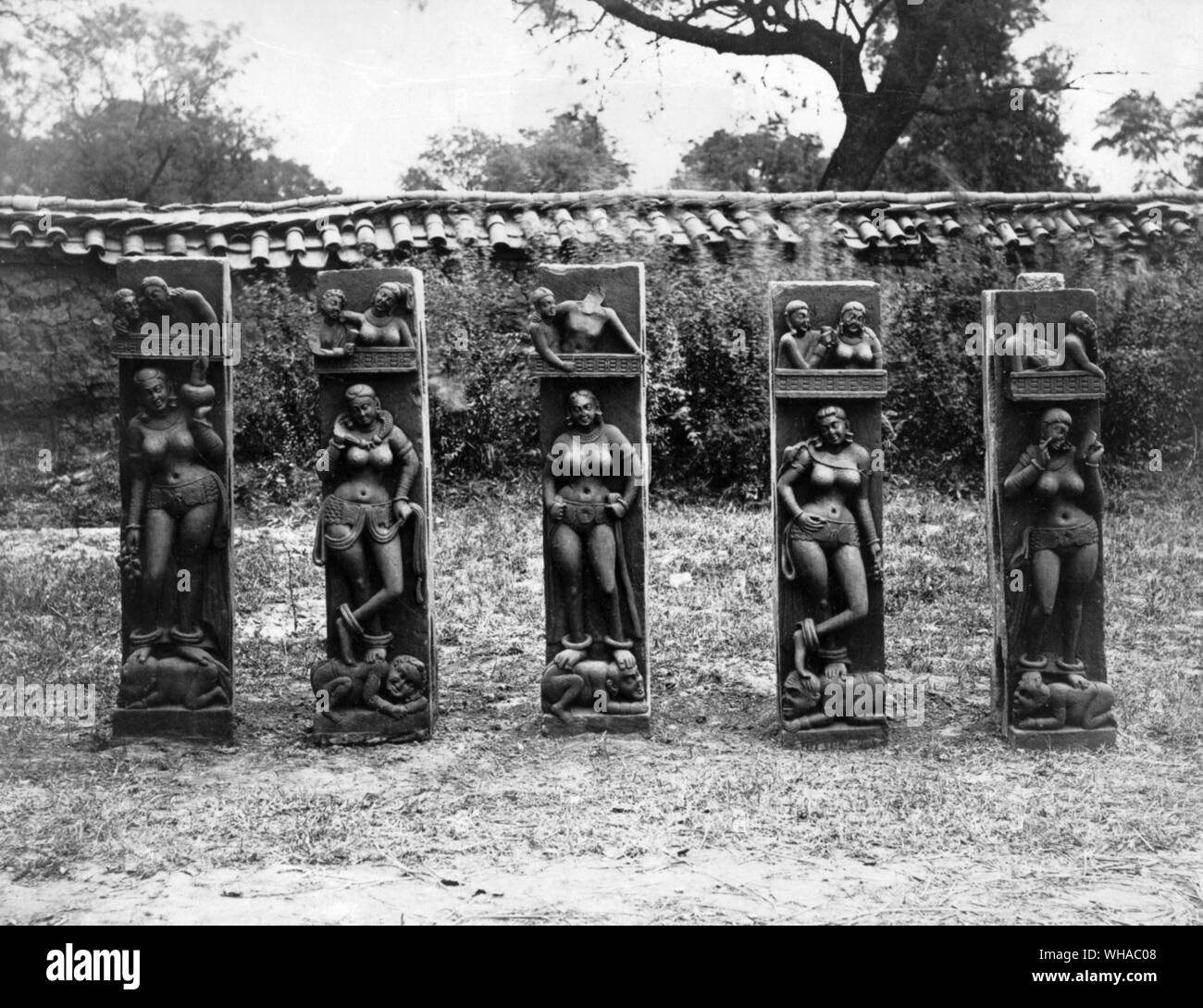 Mathura; pillars with dancing girls standing on dwarfs. Kushan period Stock Photo