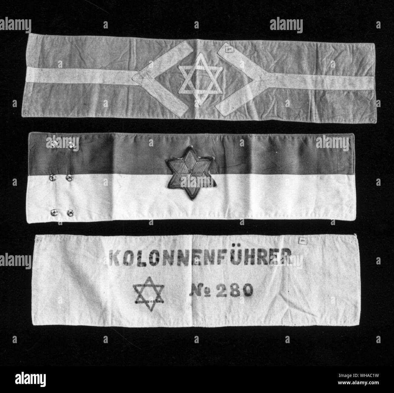 Vilna armbands. The Nazis ordered Jews to wear identifying badges or armbands and also required many Jews to perform forced labor for the German Reich. Daily life in the ghettos was administered by Nazi-appointed Jewish councils (Judenraete) and Jewish police, whom the Germans forced to maintain order inside the ghetto and to facilitate deportations to the extermination camps. . Stock Photo
